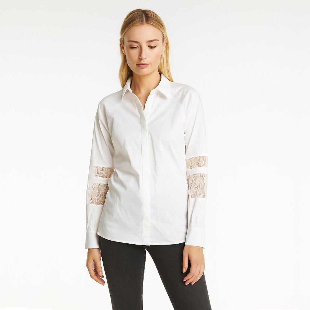 NWT White House Black Market Lace Sleeve Button-Down Shirt White 2